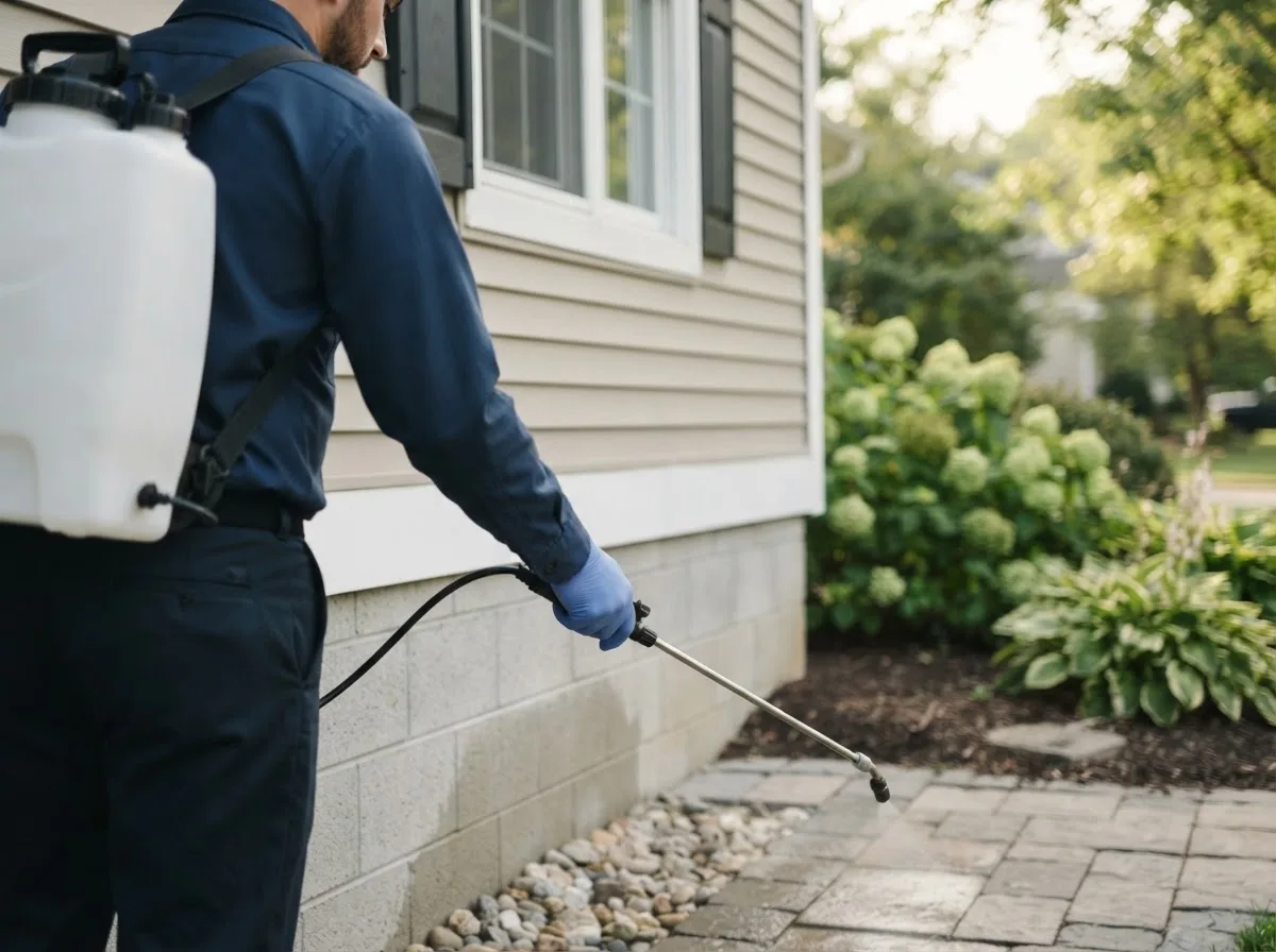 Pest control technician inspecting a home in Edgewood, NM